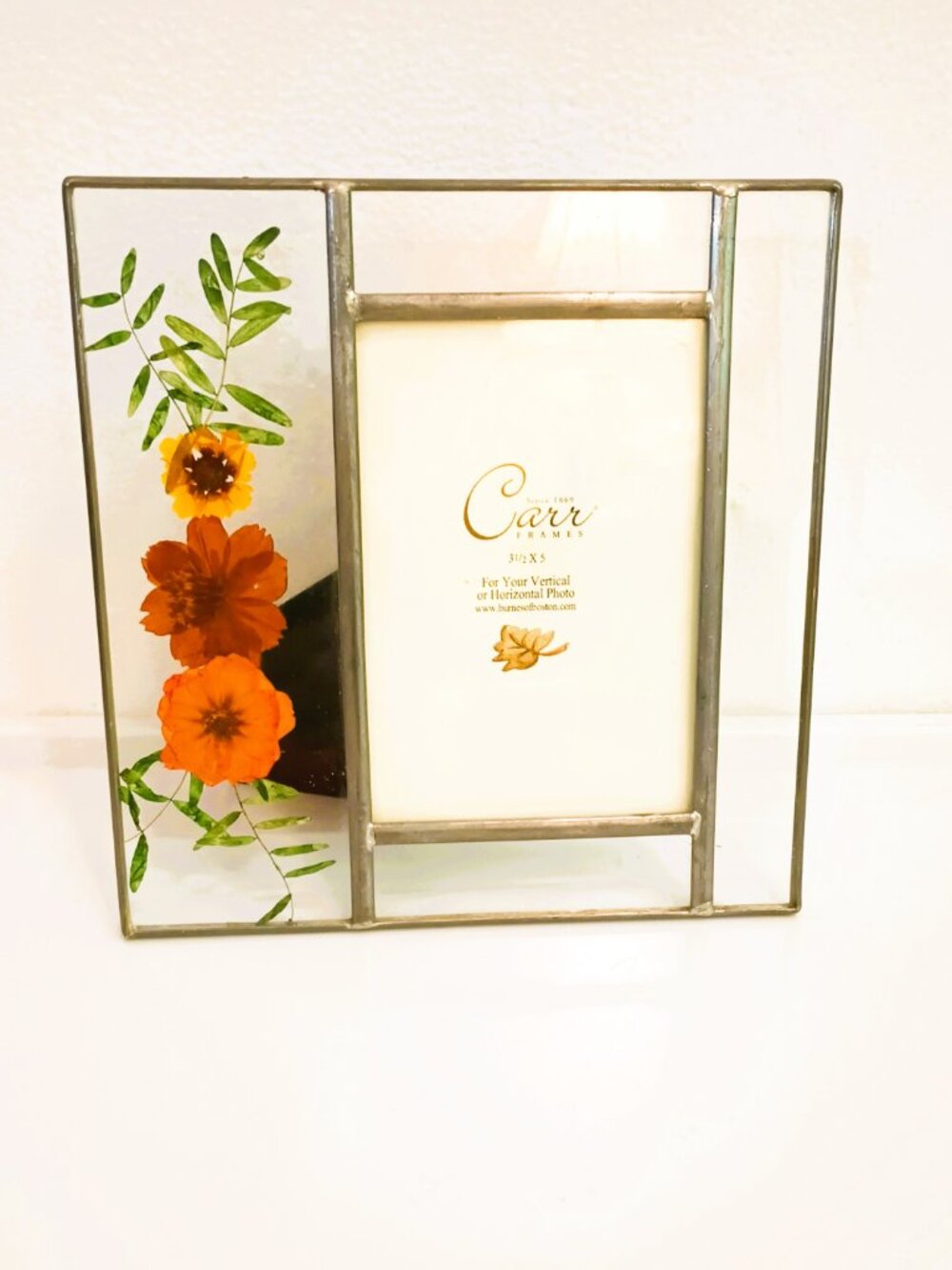 Carr Pressed Flower Photo Frame 3.5" x 5" Lead & Clear Glass Yellow Dried Flower